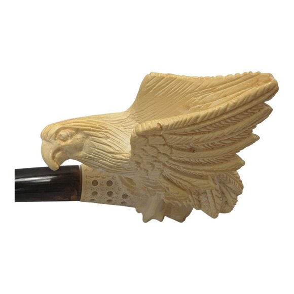Vintage Hand-Carved Meerschaum Eagle Head Wings Tobacco Pipe With Case Unused - Picture 4 of 13